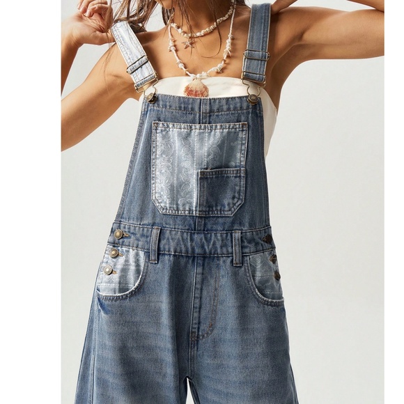 Boho Medium Wash Paisley print Button Wide Leg Denim Bib Overalls - Picture 5 of 7